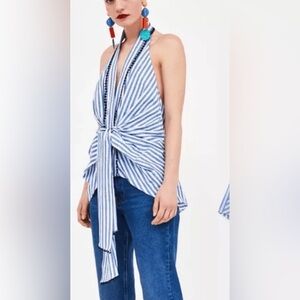 Zara Blue and White Striped Tie-Front Halter Tank